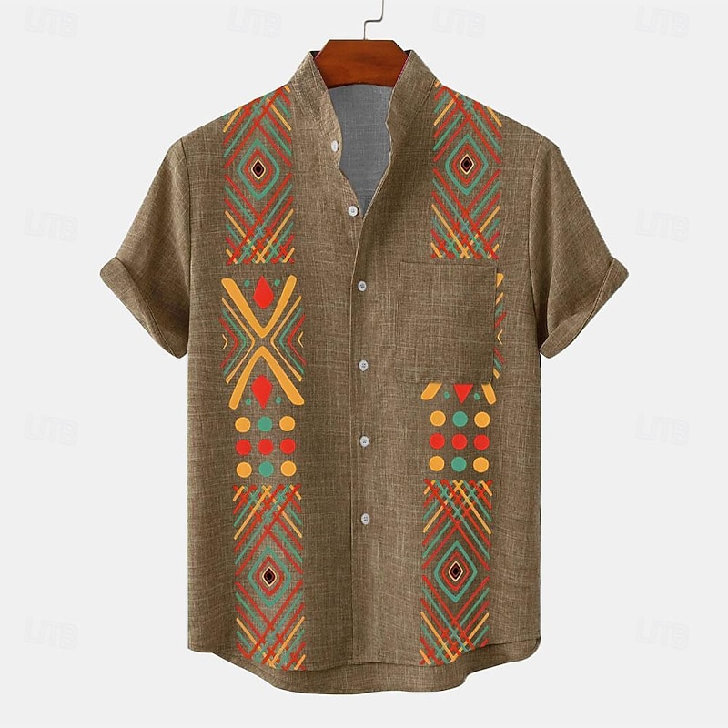 Men's Shirt Button Up Shirt Short Sleeve Vintage Casual Tribal Vacation Daily Summer Spring Band Collar grandad collar Print Green Khaki Beige