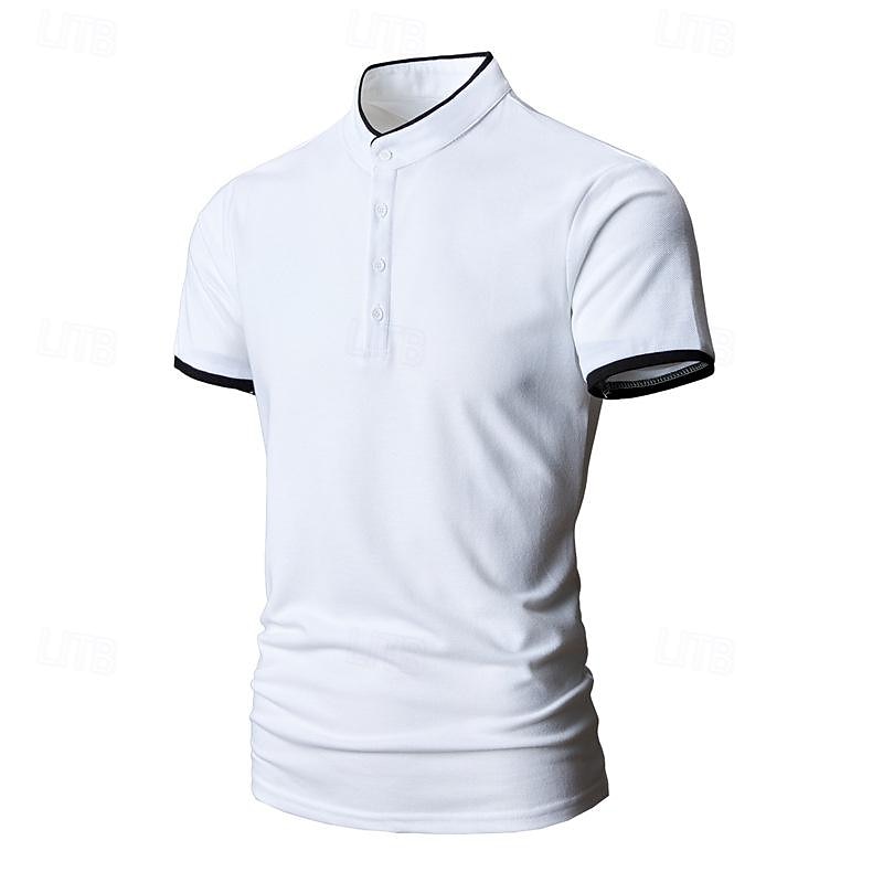 Men's Golf Shirt Golf Polo Work Casual Stand Collar Short Sleeve Basic Modern Color Block Patchwork Button Spring & Summer Regular Fit Black White Pink Red Navy Blue Blue Golf Shirt3