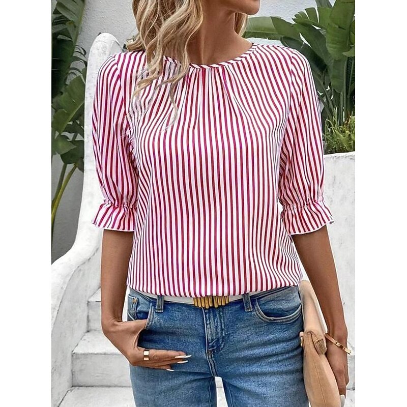 Blouse Women's Black Yellow Red Vertical Stripes Printing Daily Elegant Round Neck Regular Fit Lantern Sleeve S3