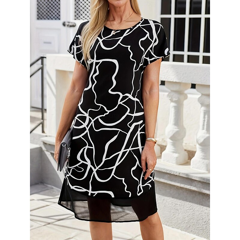 Women's Floral Lace Crew Neck Lace Sleeve Midi Dress Short Sleeve Summer2