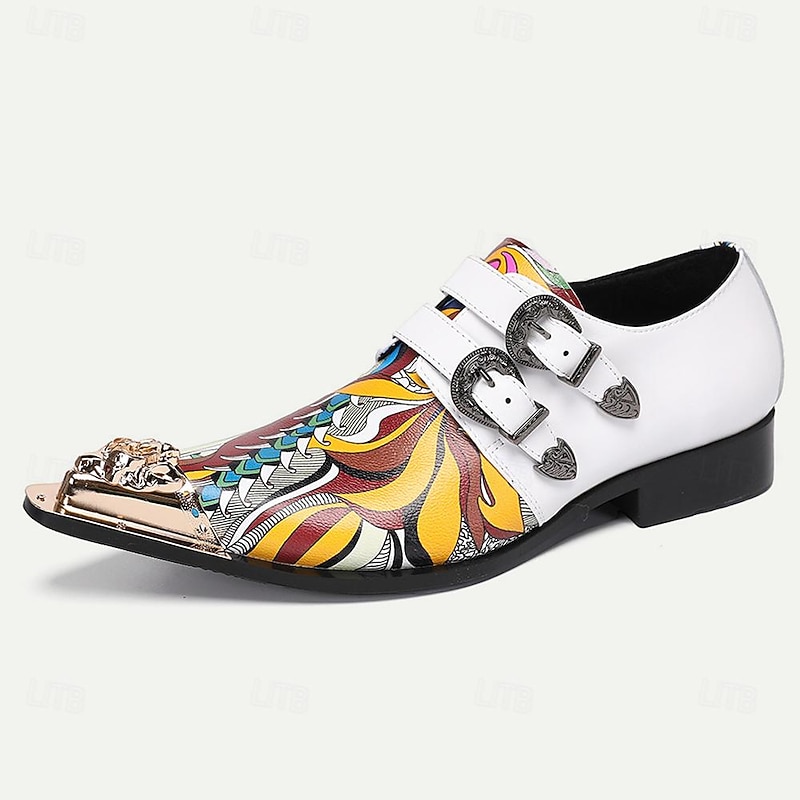 Men's Colorful Printed Leather Double Monk Strap Shoes with Gold Tip Embellished Buckle Detail2