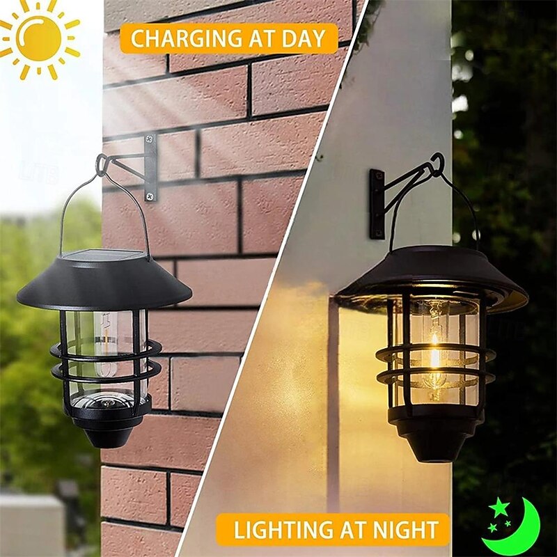 Solar Iron Lampshade Tungsten Filament Bulb Black Powered Wall Lamp Outdoor Retro Lantern Hanging Wall Lamp Waterproof Retro Metal Solar Garden Lamp Villa Porch Lighting 1pc4