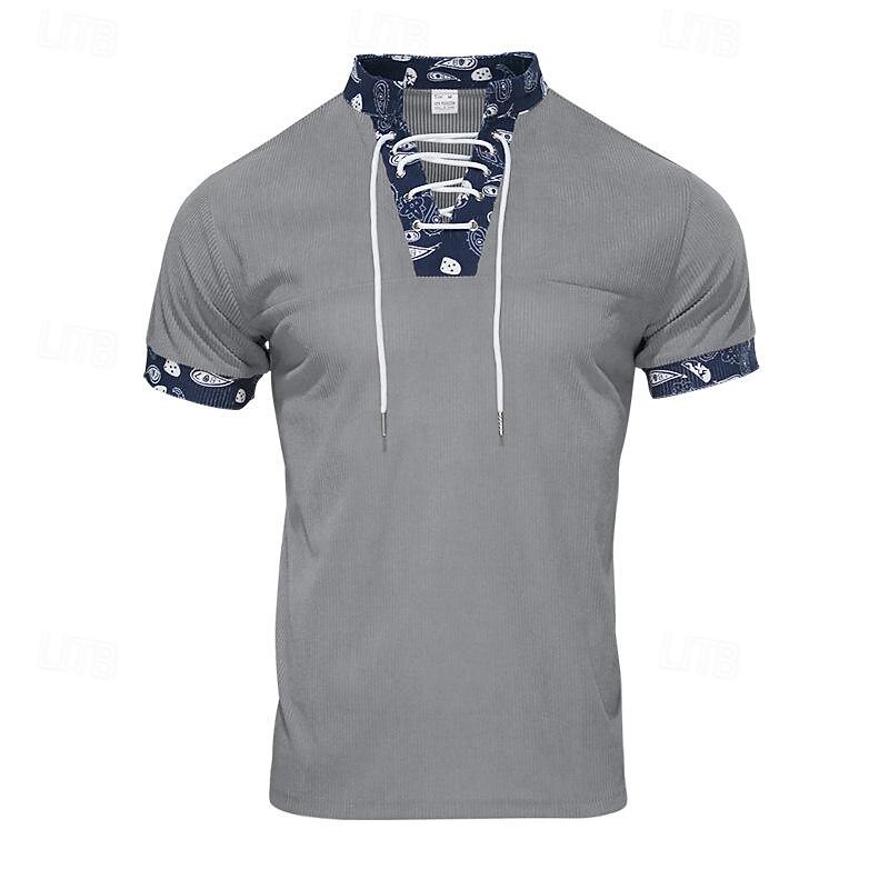 Men's T Shirt Corduroy Shirt Tee Short Sleeve Shirt Short Sleeve V Neck Spring & Summer Color Block Fashion Designer Basic Lace up Patchwork Vacation Street Going out Black Brown Khaki Top Tee for Men3