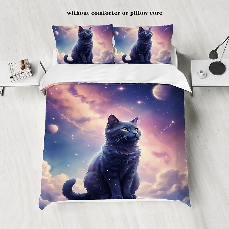 Starry Sky Black Night Cat Duvet Cover 3-piece Set Plush Cloth Lightweight and Soft Short Fluff Set for Summer3