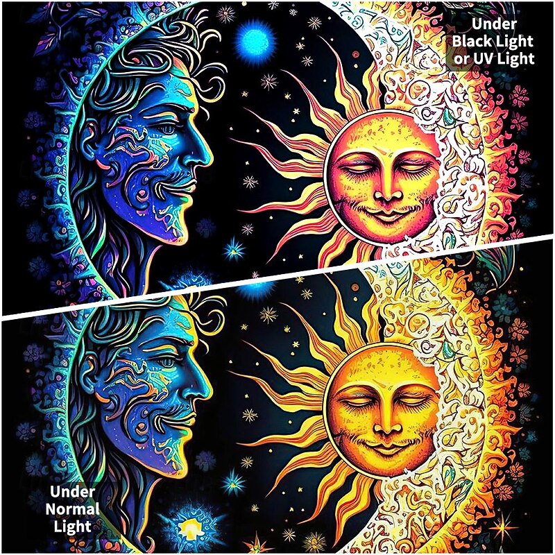 Blacklight Tapestry UV Reactive Glow in the Dark Glow Party Neon Sun Moon Mandala Psychedelic Trippy Misty Hanging Tapestry Wall Art Mural for Living Room Bedroom3
