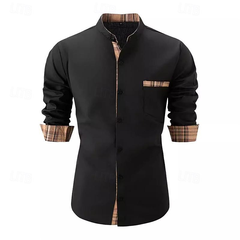 Men's Shirt Chinese Collar Shirt Mandarin Collar Shirt Summer Shirt Casual Shirt Beach Shirt Black White Pink Navy Blue Long Sleeve Plaid Color Block Grandad Collar Lapel Vacation Hawaiian Front