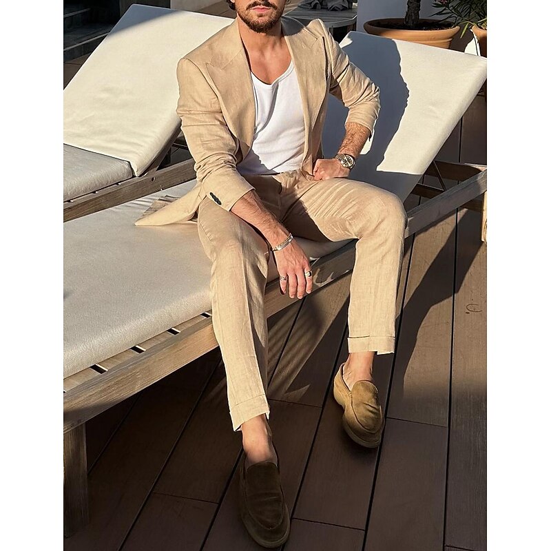 Men's Wedding Linen Suits Khaki Solid Colored Tailored Fit 2 Piece Single Breasted One-button4