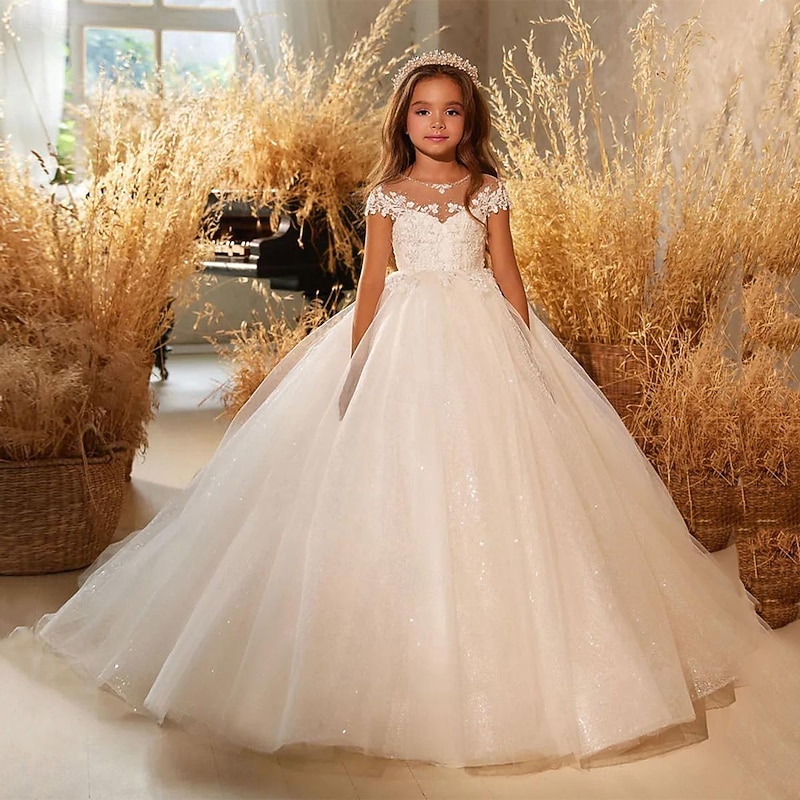 Kids Girls' Flower Girl Dress Party Dress Solid Color Short Sleeve Performance Wedding Party Mesh Princess Sweet Mesh Mid-Calf Sheath Dress Tulle Dress Summer Spring Fall 4-12 Years White2