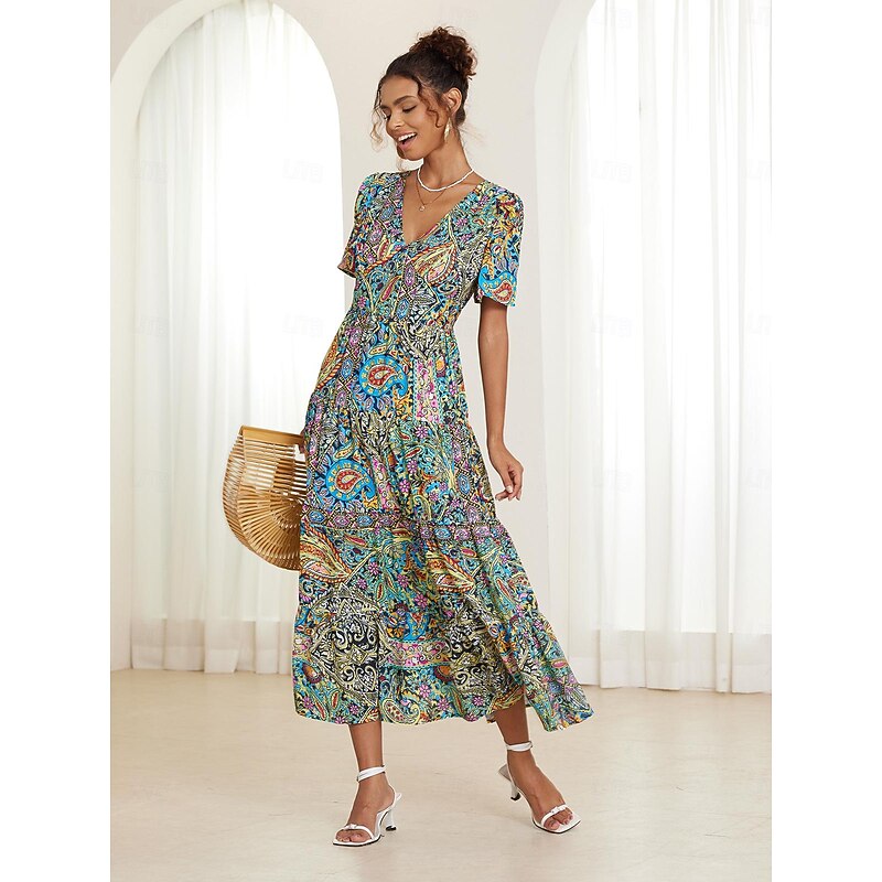 Women's Midi Boho Dress V-Neck Short Sleeve Paisley Print Flared Summer Casual Lightweight Breathable Fabric Colorful Bohemian Style Vacation Beachwear Multicolor Available in Multiple Sizes3