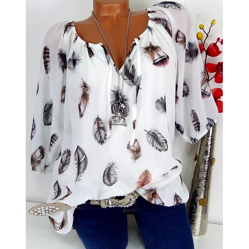 Women's Bohemian Blouse Feather Print Long Sleeve V-Neck Tie Strings Flowy Top White Brown Casual Beach Festival Wear Relaxed Fit Spring Summer Clothing Apparel