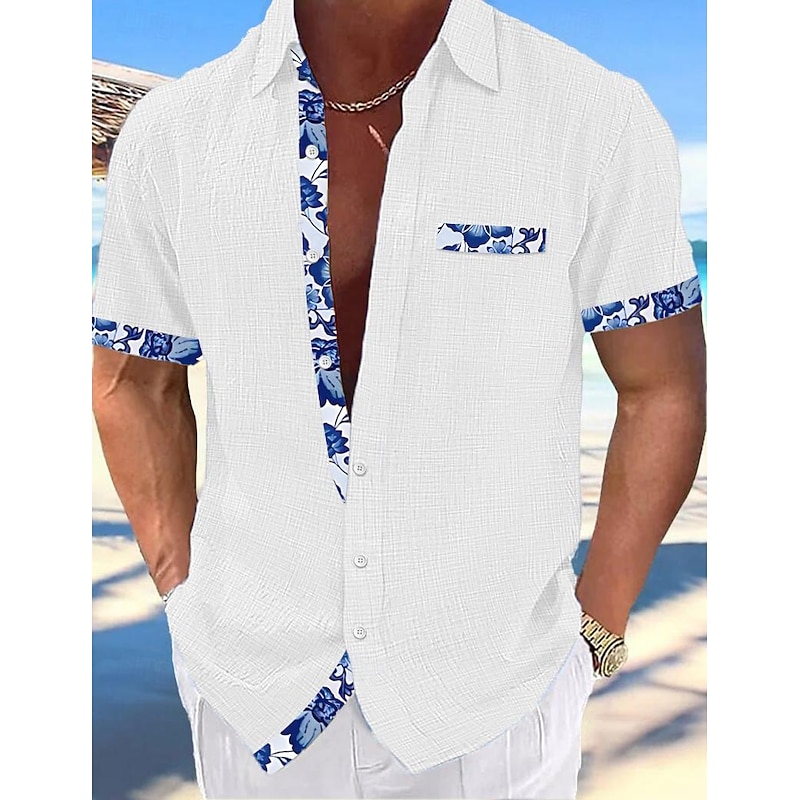 Men's Shirt Linen Shirt Summer Shirt Beach Wear Button Up Shirt Plain Vacation Curise Black White Pink Navy Blue Short Sleeve Collar Summer Spring Clothing Apparel