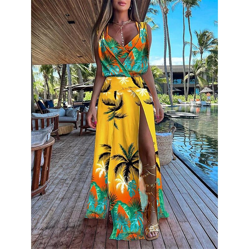 Women's Dress Set Casual Dress Skirt Set Swing Dress Fashion Modern Floral Plain Backless Split Long Dress Maxi Dress Sleeveless V Neck Outdoor Vacation Yellow Red Orange Summer Loose Fit4