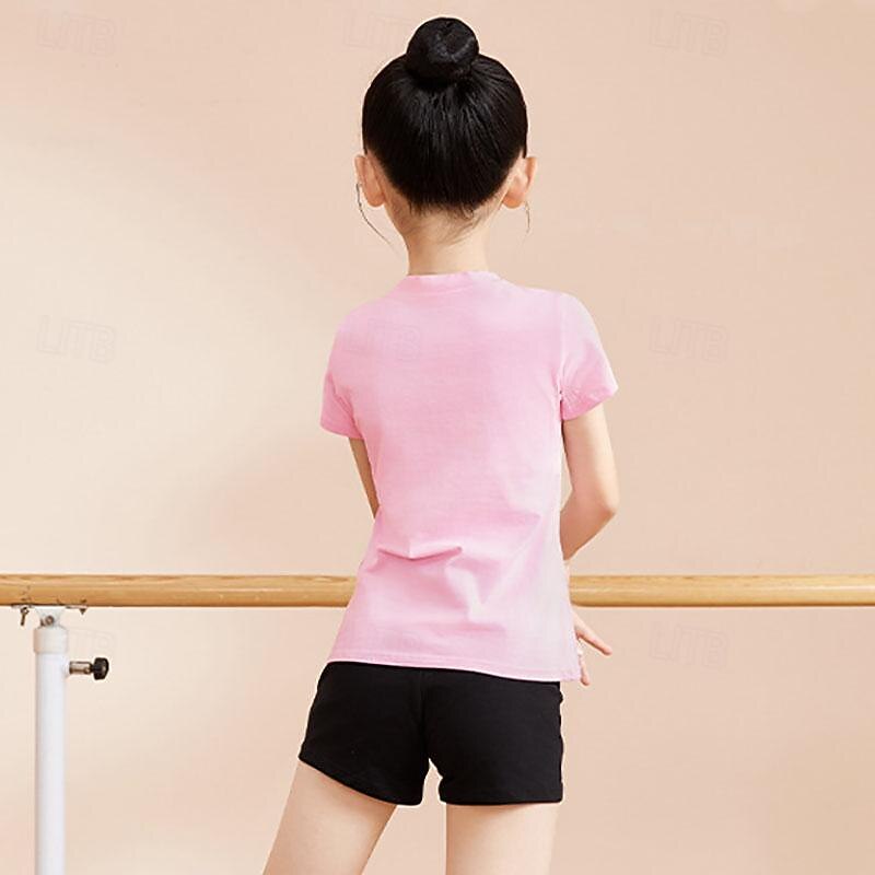 Kids' Dancewear Ballet Top Pure Color Splicing Girls' Performance Training Short Sleeve High Cotton Blend2