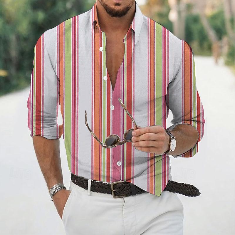 Men's Shirt Summer Shirt Casual Shirt Beach Shirt Button Up Shirt Blue Purple Orange Green Long Sleeve Stripes Turndown Vacation Hawaiian Button-Down Clothing Apparel Polyester Fashion Casual3