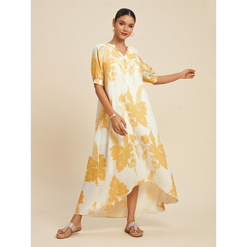 Women's High Low Dress Maxi Dress Yellow Short Sleeves Floral Bird Floral Style Summer V Neck Dresses High Low Vacation S M L4
