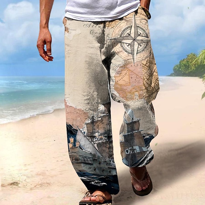 Men's Pants Trousers Mid Waist Drawstring Elastic Waist Hawaiian Holiday Beaches Straight Leg Trousers Summer Spring Fall 3D Print Beige