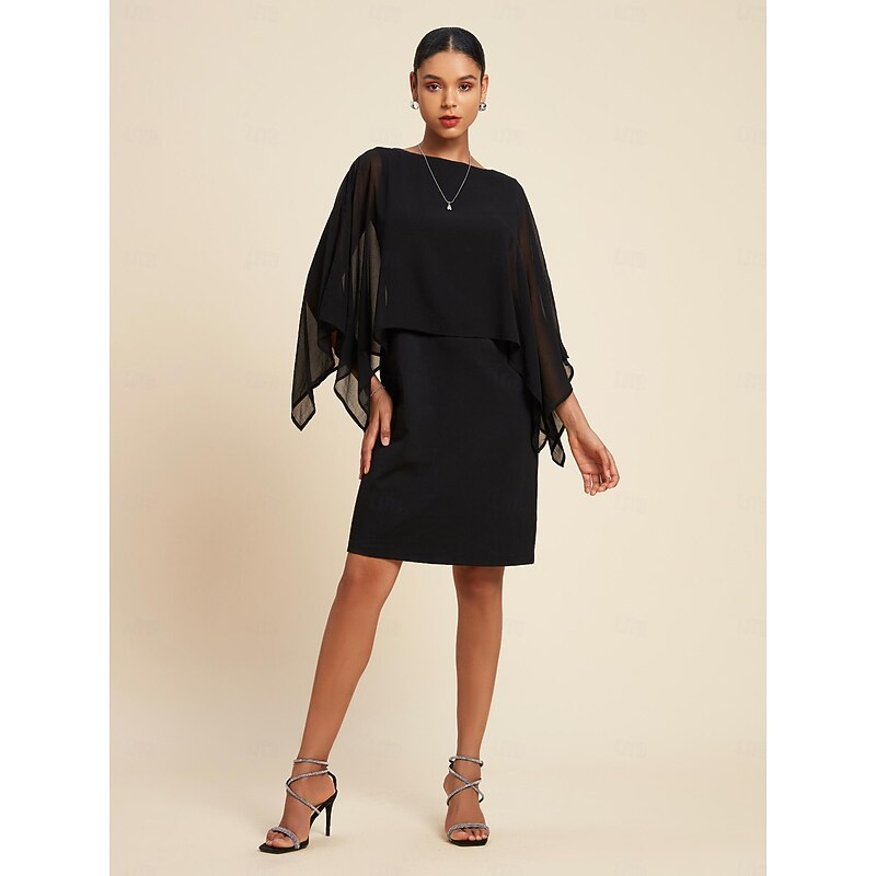 Women's Chiffon Wedding Guest Black Dress Loose Cape Mini Dress Bodycon Dress