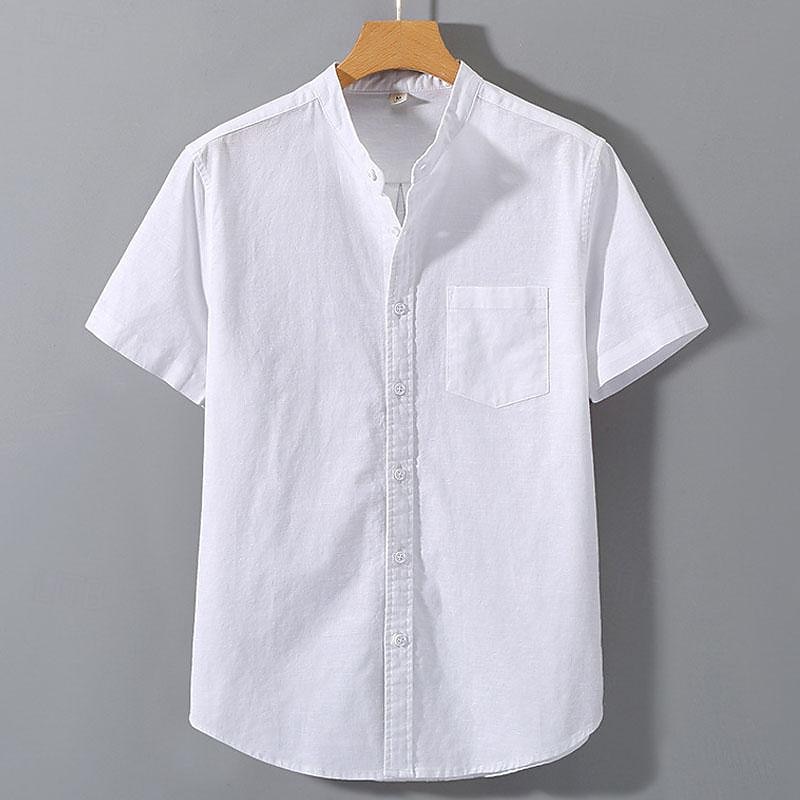 Men's Shirt Cotton Linen Shirt White Cotton Shirt Chinese Collar Shirt Mandarin Collar Shirt Casual Shirt Plain Vacation Street White Green Short Sleeve Grandad Collar Summer Clothing Apparel Pocket