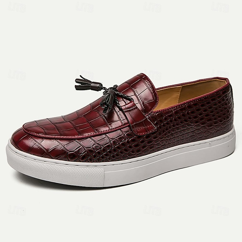 Men's Crocodile Pattern Tassel Loafers with Slip-On Design – Casual Faux Leather Shoes with White Sole2