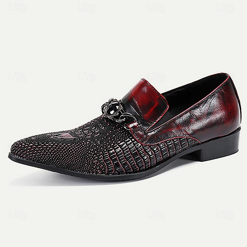 Luxurious Men's Red Leather Dress Loafers with Textured Detail and Chain Buckle3