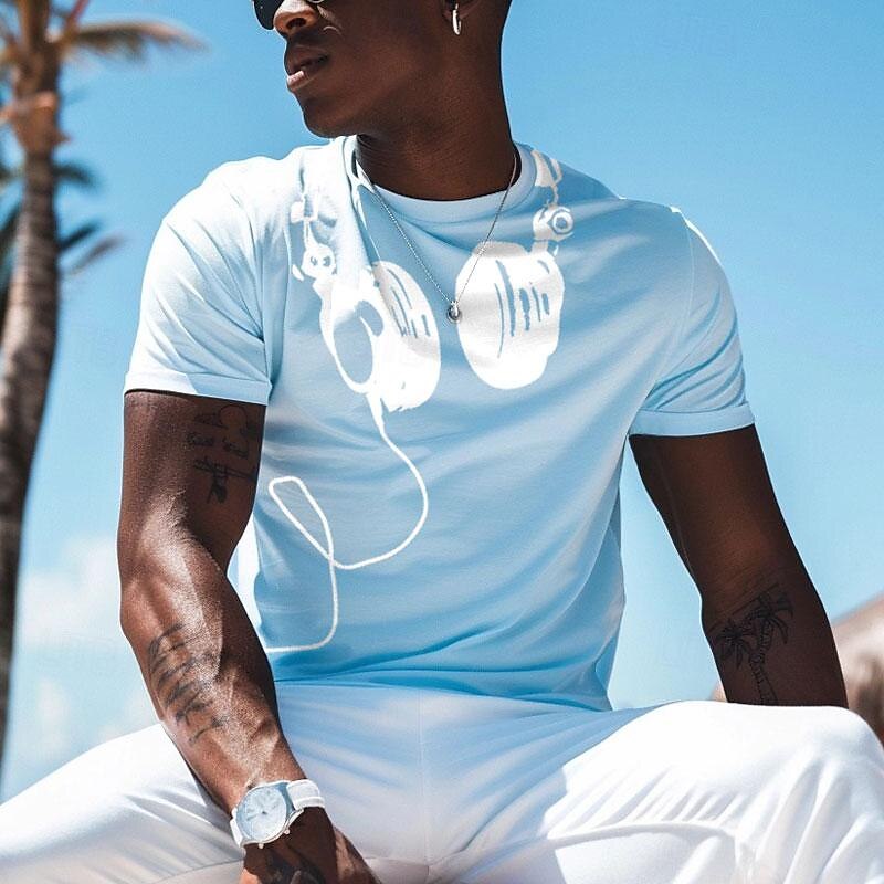 Men's Graphic Headset T Shirt T shirt 3D Print Crew Neck Shirt Fashion Daily Simple Vacation Sports Outdoor Holiday Light Blue Black White Summer Spring Clothing Apparel S M L XL XXL XXXL