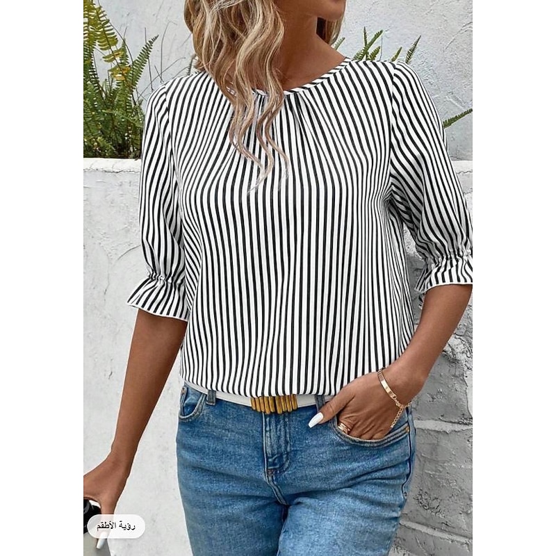 Blouse Women's Black Yellow Red Vertical Stripes Printing Daily Elegant Round Neck Regular Fit Lantern Sleeve S4