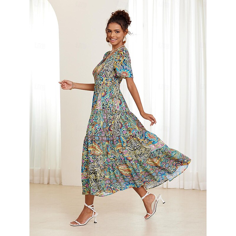 Women's Midi Boho Dress V-Neck Short Sleeve Paisley Print Flared Summer Casual Lightweight Breathable Fabric Colorful Bohemian Style Vacation Beachwear Multicolor Available in Multiple Sizes