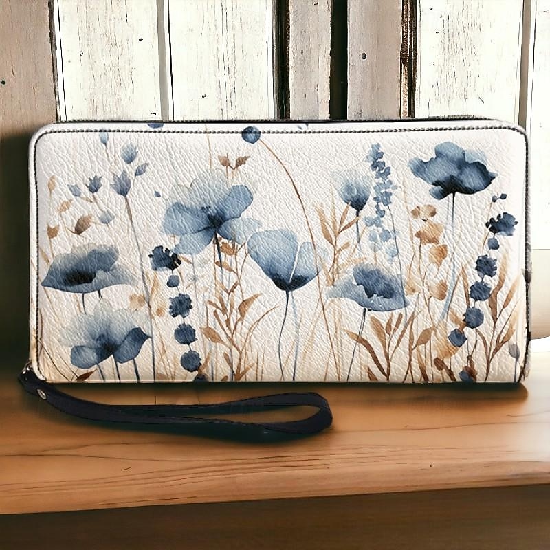 Women's Wallet Coin Purse PU Leather Shopping Daily Holiday Zipper Large Capacity Durable Flower Leaves White Blue