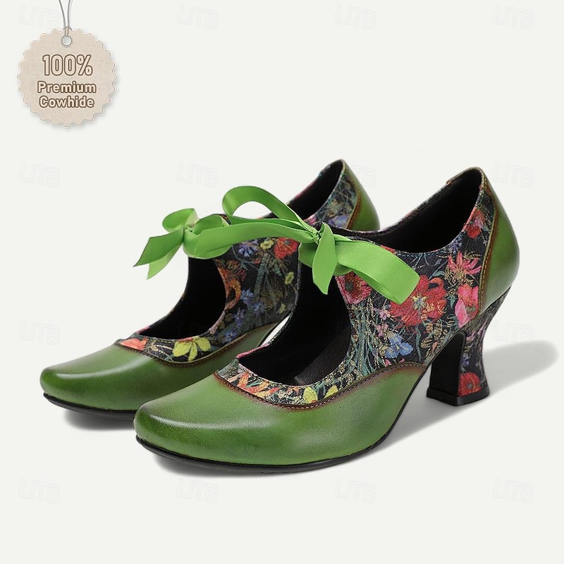 Women's Green Leather Mary Jane Heels with Floral Print, Ribbon Ties, and Retro Style - Perfect for Vintage-Themed Events and Daily Elegance4