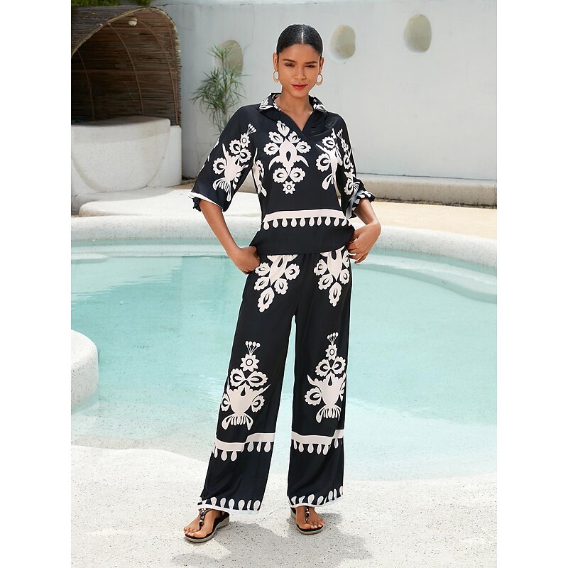 Satin Classic Print Lapel Straight Shirt Set