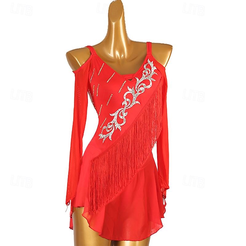 Figure Skating Dress Women's Girls' Ice Skating Dress Red Patchwork Tassel Mesh Spandex High Elasticity Training Practice Professional Skating Wear Classic Crystal / Rhinestone Long Sleeve Ice2