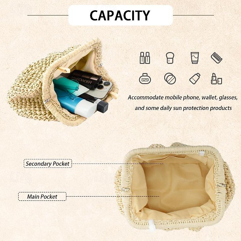 Women's Woven Straw Clutch with Chain Strap - Elegant Handcrafted Evening Bag4