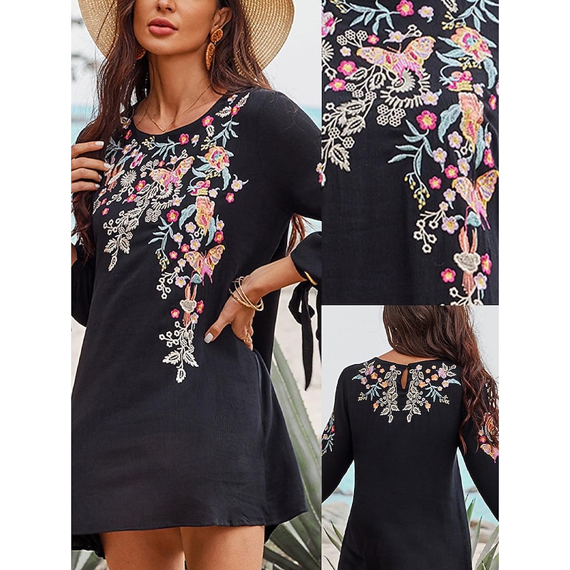 Women's Black Dress Embroidered Mini Dress Cotton Classic Boho Floral Flowy Shift Dress Crew Neck Long Sleeve Daily Summer Spring Black