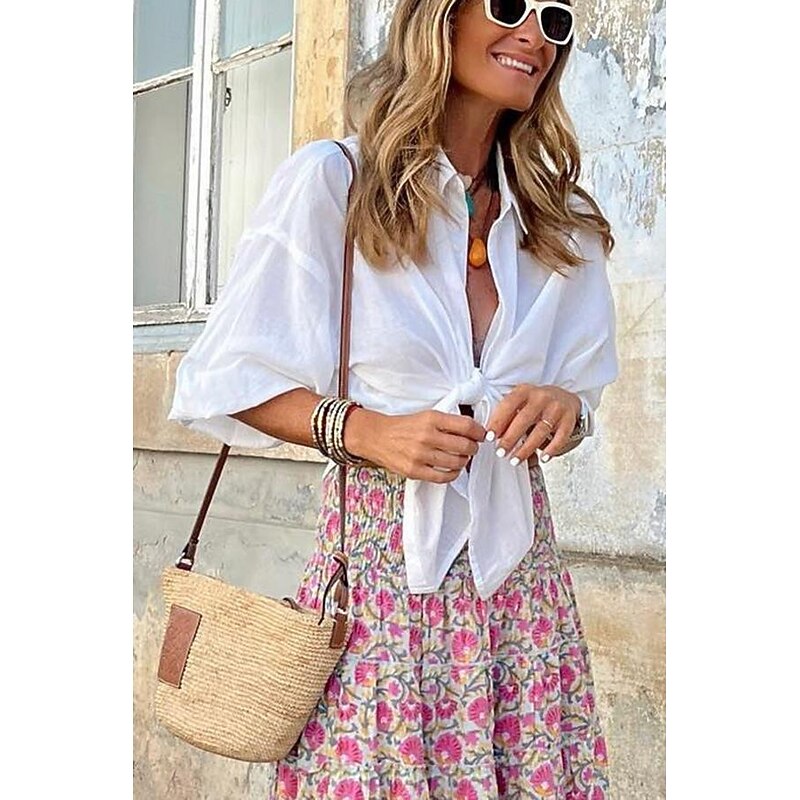 Women's Shirt Linen-Inspired Shirts Button Up Blouse Plain Casual Half Sleeve Shirt Collar Regular Tops Daily Lace up White Summer
