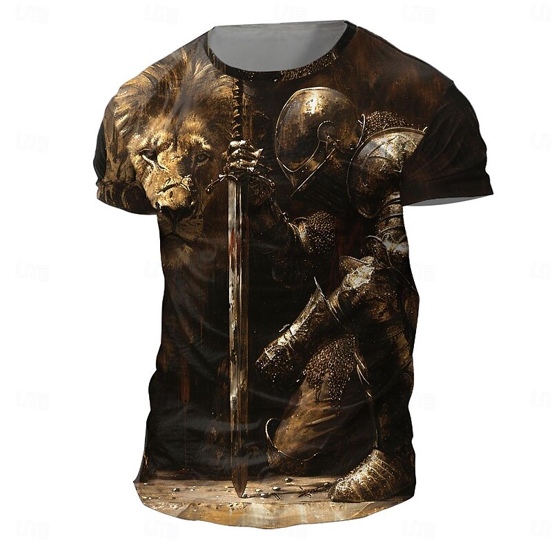 Men's Graphic Animal Lion Wings Templar Cross T Shirt T shirt 3D Print Crew Neck Shirt Fashion Religious Athleisure Street Sports Outdoor Black Gold Summer Spring Clothing Apparel S M L XL XXL XXXL4