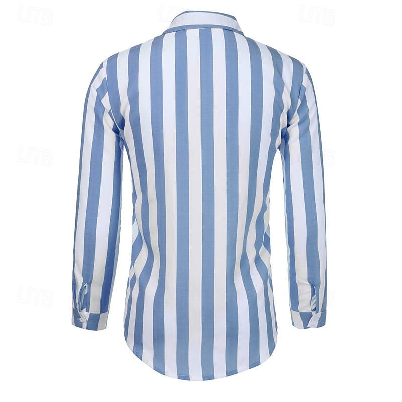 Men's Shirt Summer Shirt Casual Shirt Beach Shirt Button Up Shirt Striped Shirts Black Blue Gray Long Sleeve Stripes Turndown Vacation Hawaiian Button-Down Clothing Apparel Polyester Fashion Casual4