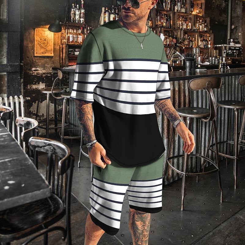 Men's T-shirt Suits 2 Pieces Outfits Tee & Shorts Short Sleeve Crew Neck Summer Color Block Stripes Fashion Casual 2 Piece Vacation Daily Wear Going out Black Blue Brown Top Tee for Men2
