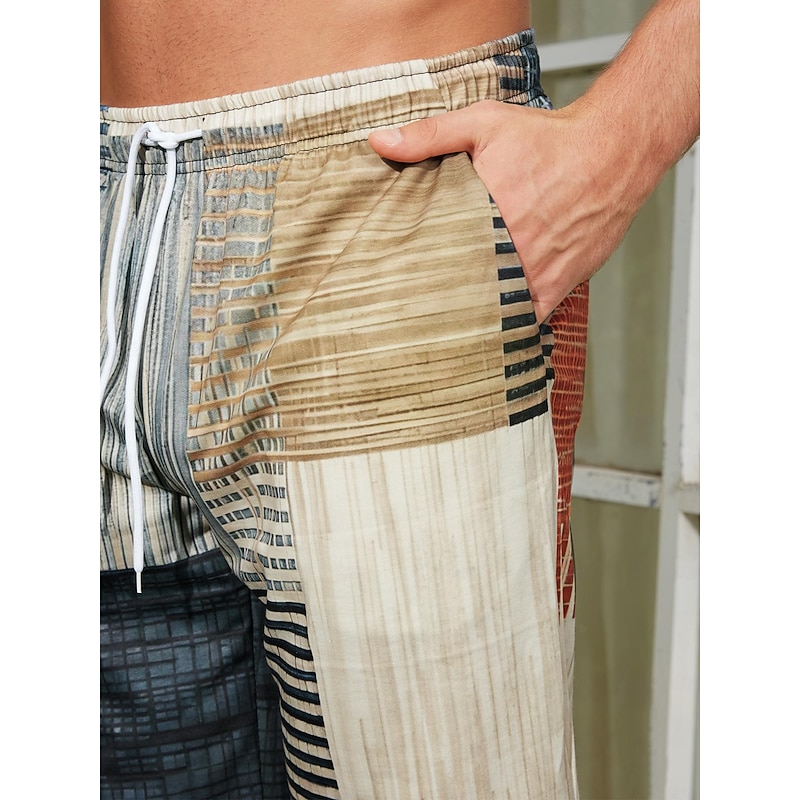 Men's Trousers Summer Pants Beach Pants Drawstring Elastic Waist 3D Print Stripe Graphic Prints Geometry Comfort Casual Daily Holiday Streetwear Hawaiian Yellow Blue3