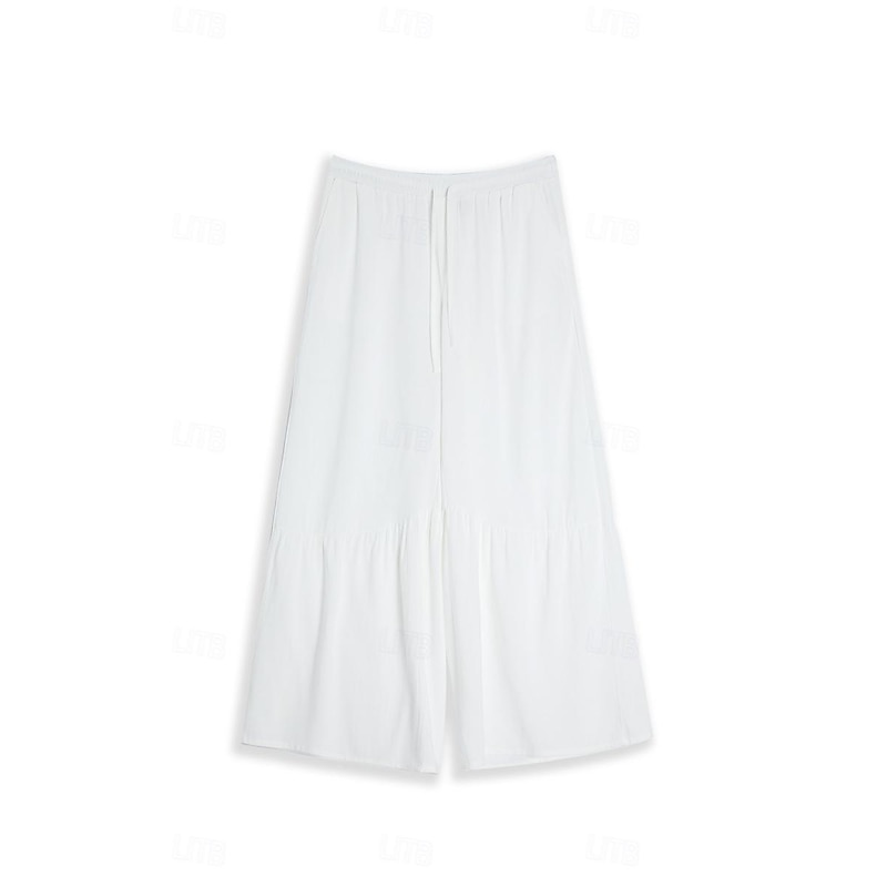 Men's Culottes Wide Leg Linen Pants Trousers Summer Pants Drawstring Patchwork Elastic Waist Plain Comfort Breathable Casual Daily Holiday Fashion Classic Style Black White3