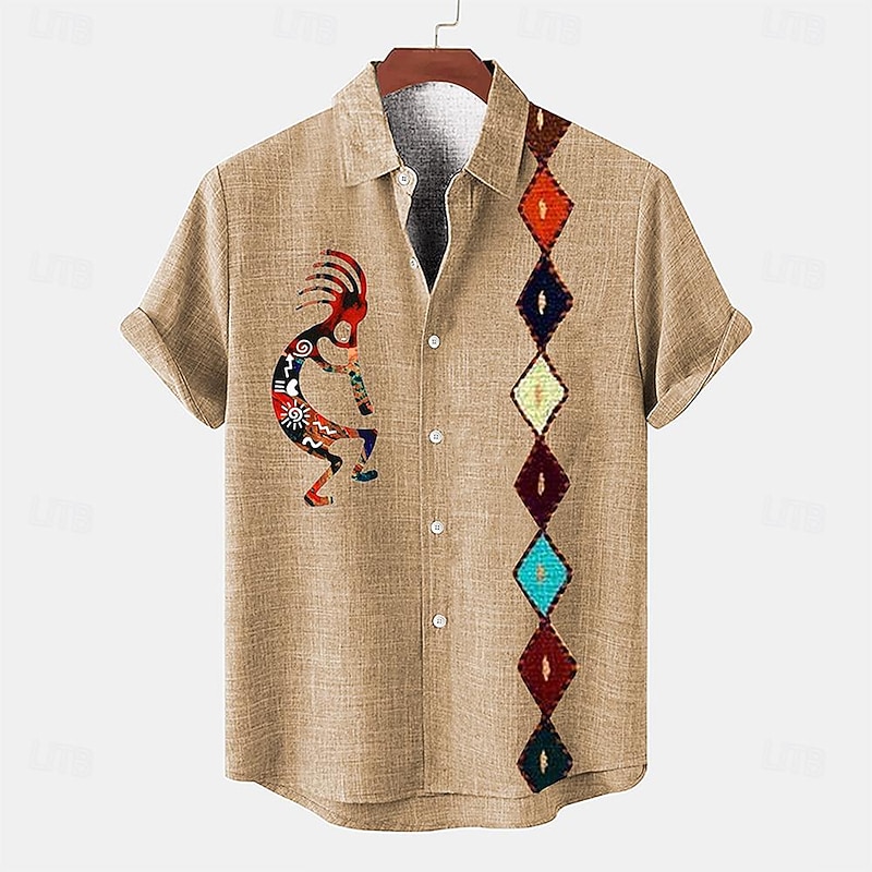 Men's Shirt Linen Shirt Retro Shirts Vintage Shirt Ethnic Shirt Southwestern Print Daily Green khaki Gray Short Sleeve Turndown Summer Spring Clothing Apparel