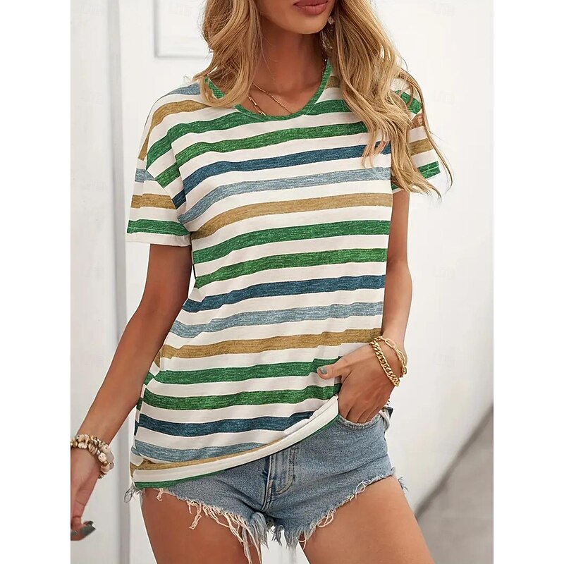 Women's T Shirt Striped Fashion Short Sleeve Round Neck Regular Tops Daily Weekend Print Orange Green Summer4