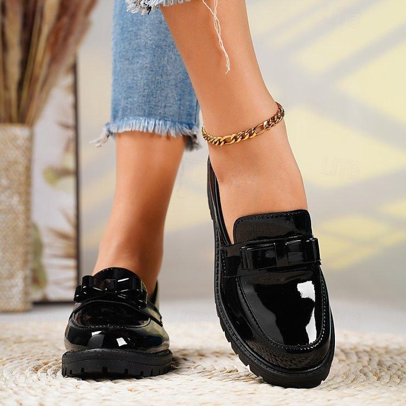 Women's Patent Leather Chunky Loafers with Bow Detail – Stylish Casual Slip-On Shoes for Everyday Wear2