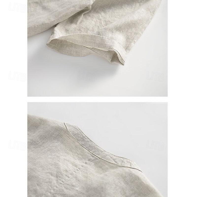 Men's Shirt White Cotton Shirt Casual Shirt Cotton Linen Shirt Plain Vacation Street White Beige Short Sleeve Crew Neck Summer Clothing Apparel Button-Down 9