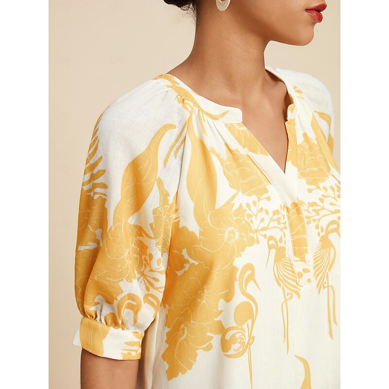 Women's High Low Dress Maxi Dress Yellow Short Sleeves Floral Bird Floral Style Summer V Neck Dresses High Low Vacation S M L2