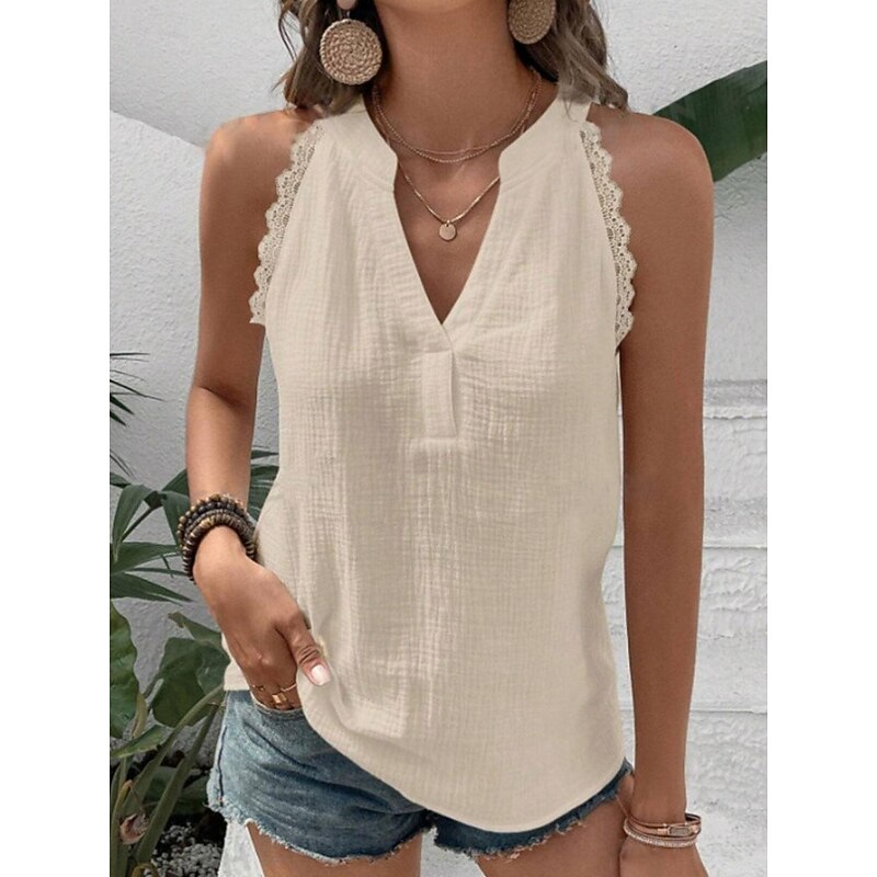 Women's Camisole Tank Top Vest Solid Color Plain Daily Basic Sleeveless Notched Neck Regular Tops Daily Lace Trim Black White Beige Summer4