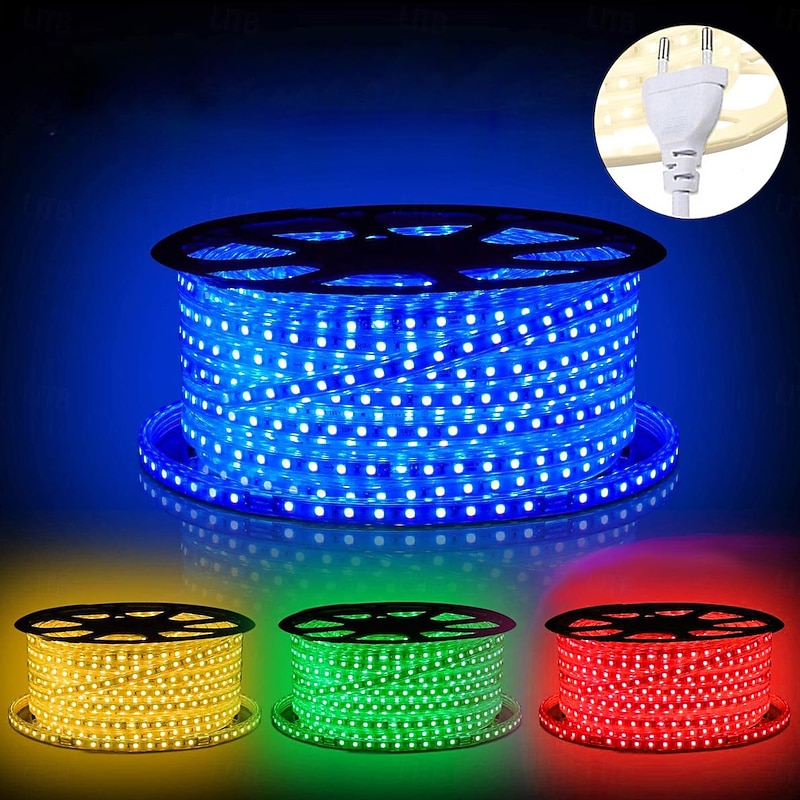 LED Outdoor Strip Light AC220V Waterproof IP67 Light Strip EU Plug Flexible Rope Light 5050 60 LED/M High Brightness Suitable for Indoor and Outdoor Commercial Lighting Decoration Including Installat