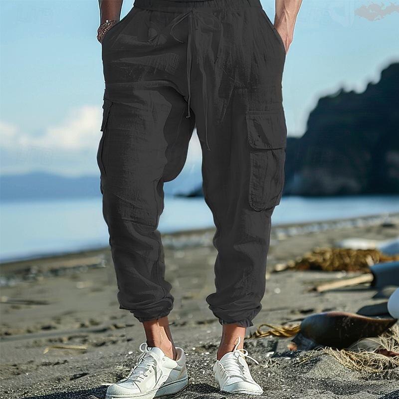 Men's Cargo Pants Linen Pants Trousers Summer Pants Beach Pants Drawstring Elastic Waist Multi Pocket Plain Comfort Breathable Full Length Casual Daily Holiday Fashion Classic Style Black White4