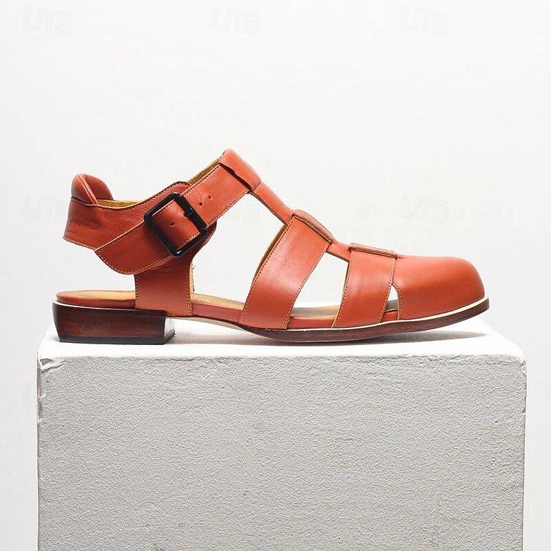 Women's Brown Faux Leather Fisherman Sandals – Vintage Closed-Toe Buckle Flats for Summer, Travel & Casual Outfits2