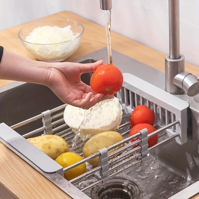 1pc Kitchen Sink Drain Rack Vegetable Sink Drain Basket Vegetable Washing Filter Rack Dishwashing Storage Rack Adjustable Pull-out Drain Rack Optional Size Multifunctional And Multi Scene Use4