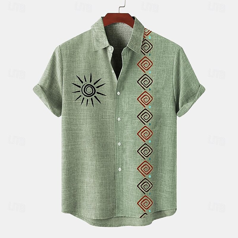 Men's Shirt Linen Shirt Retro Shirts Vintage Shirt Ethnic Shirt Tribal Daily Blue Green khaki Short Sleeve Turndown Summer Clothing Apparel4